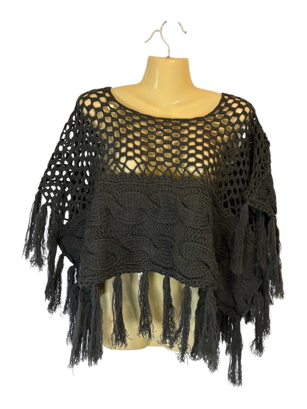 YoungLA Crochet Fringe Poncho Wrap Dark Gray Onesize